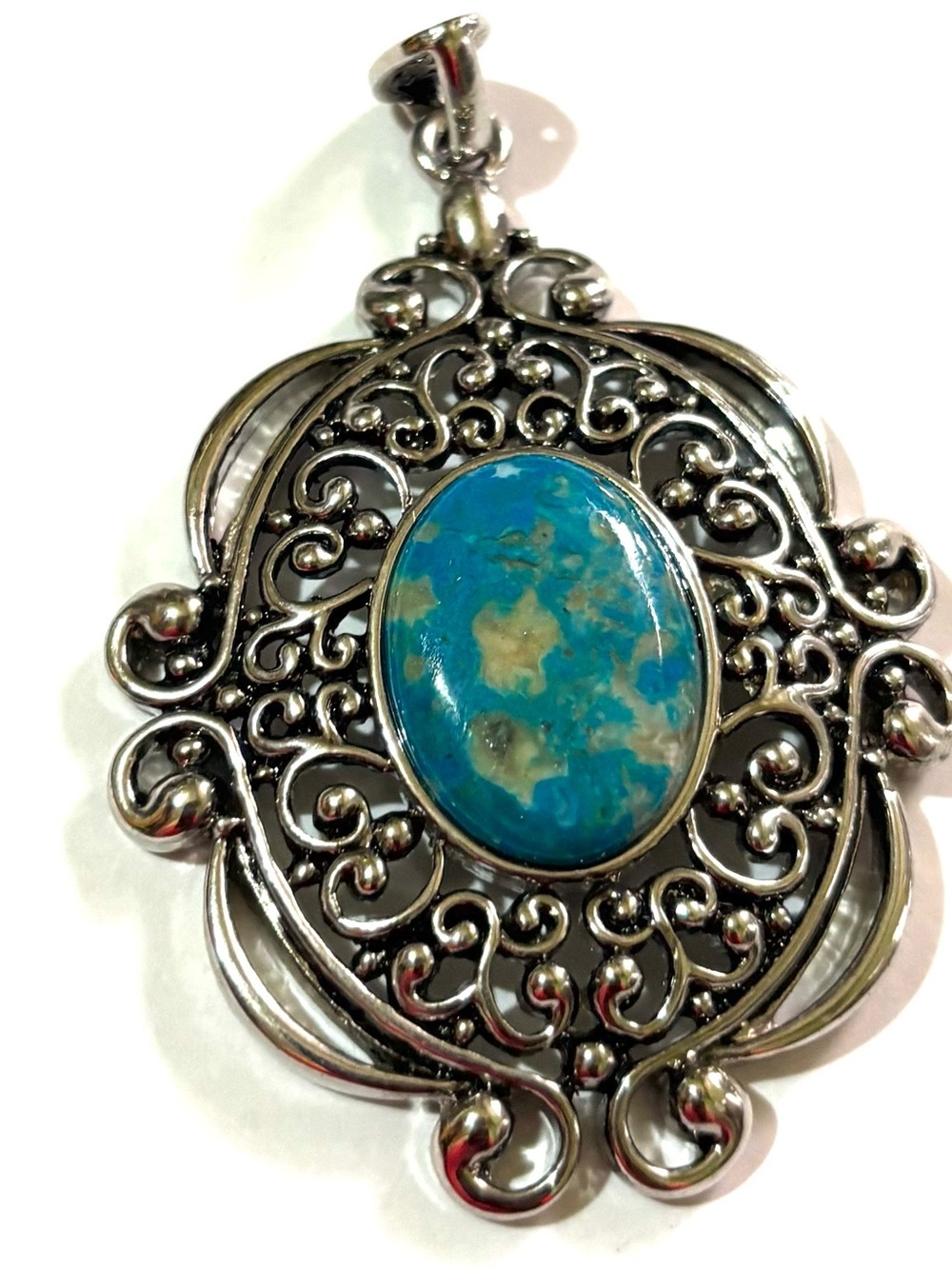 Vintage Turquoise Blue Oval Stone Filigree Pendant - Women Jewelry